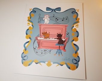 Ann Shen The Aristocats Disney Poster Art 11x14 Lithograph Marie Toulouse Berlioz Piano