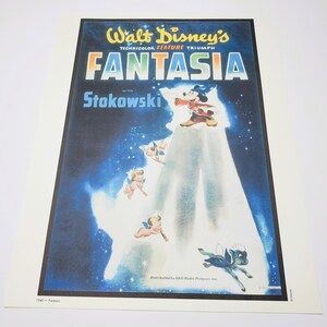May include: A vintage poster for Walt Disney's "Fantasia" movie, featuring Mickey Mouse in a sorcerer's hat. The poster has a blue and white background with the film's title and Stokowski's name. Other characters are also visible.