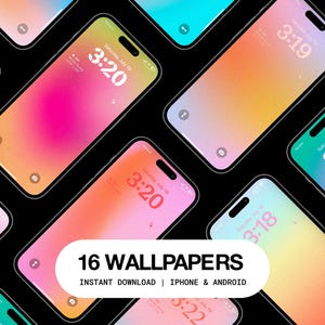 May include: A collection of smartphones with colorful gradient wallpapers. Each phone displays a different time, such as 3:20, 3:19, and 3:16, against a black background. The image includes the text "16 WALLPAPERS" and "INSTANT DOWNLOAD | IPHONE & ANDROID".