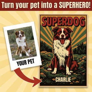 Custom Superhero Pet Portrait – Retro Comic Book Style Dog or Cat Art – Personalized Digital Pet Poster from Photo