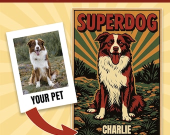 Custom Superhero Pet Portrait – Retro Comic Book Style Dog or Cat Art – Personalized Digital Pet Poster from Photo