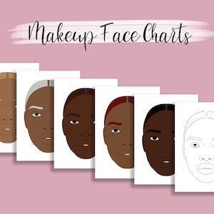 May include: Six printable makeup face charts, featuring five different skin tones and one blank chart. The charts are designed for makeup artists and beauty enthusiasts to practice their skills.
