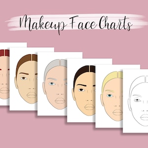 May include: Set of six printable makeup face charts. The charts feature different skin tones: red, beige, light, medium, and light blonde. The last chart is blank.
