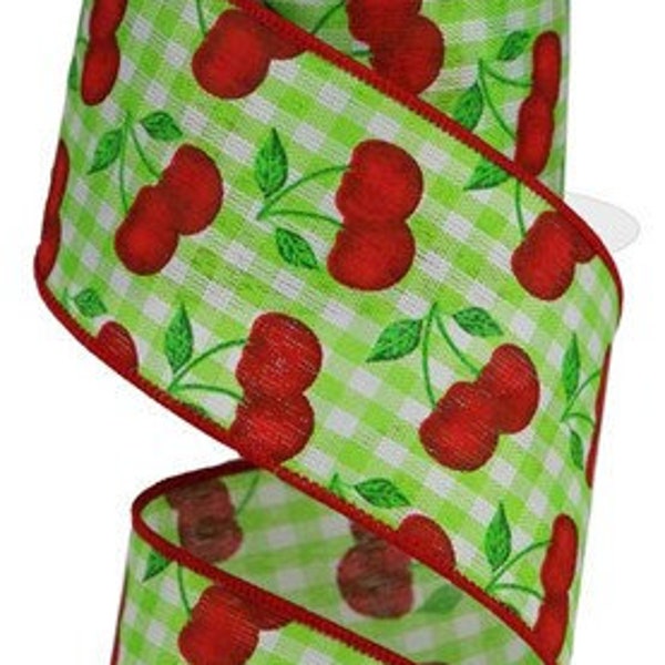 Cherry Green White Gingham Wired Ribbon By the Roll 2.5" x 10 YARD ROLL RGA1650EM