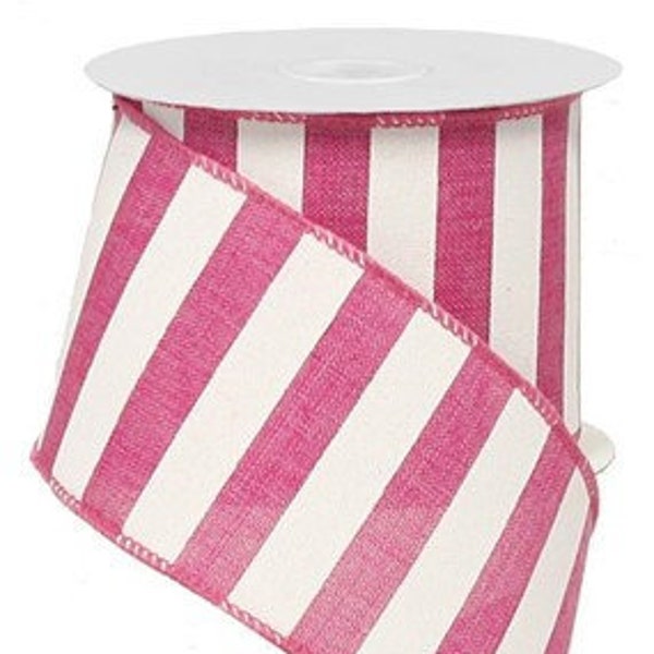 Cinta con alambre de rayas blancas y rosas fucsia por rollo 2.5" x 10 yardas RX9149TN
