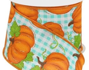 Pumpkin Patch Turquoise White Gingham Check Wired Ribbon By the Roll 2.5" x 10 YARD ROLL