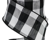 Black White Plaid Wired Ribbon By the Roll Faux Dupioni 2.5 quot x 10 YARD ROLL