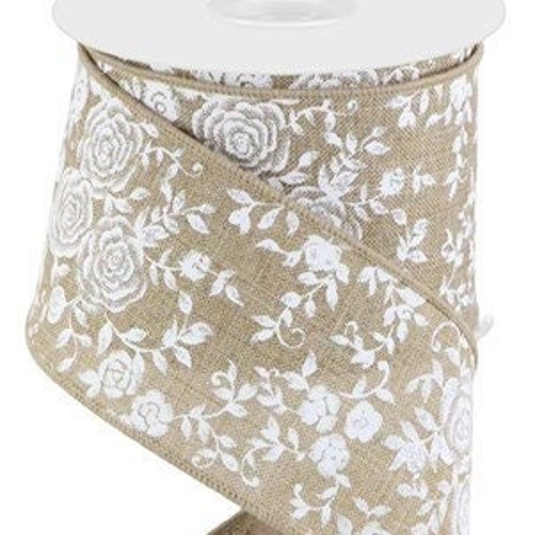 Beige White Mini Rose Floral  Wired Ribbon By the Roll 2.5" x 10 Yards RGC186101