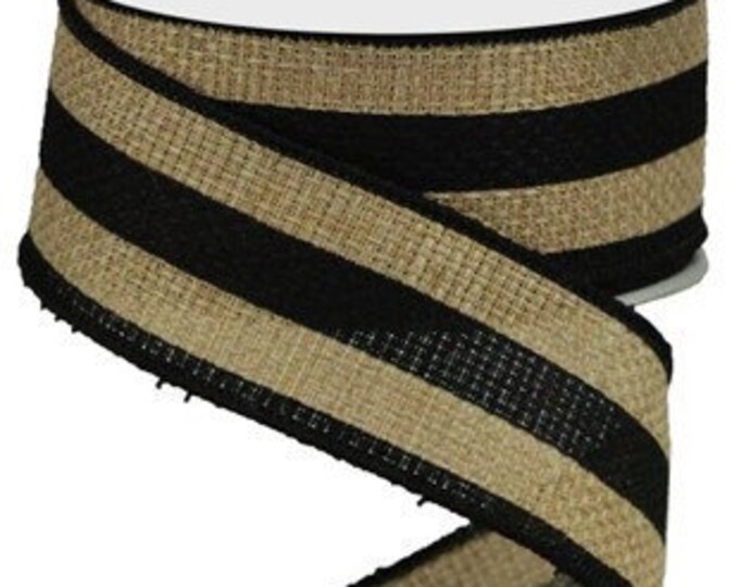 Tan Striped Ribbon Black Tan Beige Stripe Wired Ribbon by the Roll 1.5