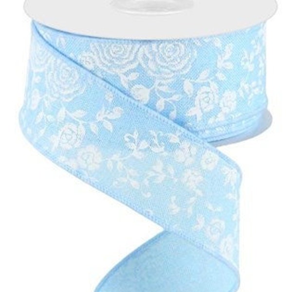 Pale Blue White Mini Rose Floral  Wired Ribbon By the Roll 1.5" x 10 Yards RGC186014
