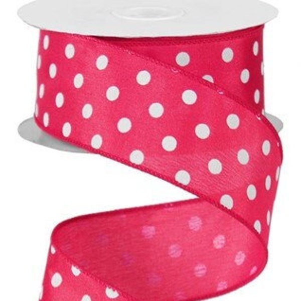 Hot Pink White Polka Dot  Wired Ribbon By the Roll 1.5" x 10 Yards RG100011