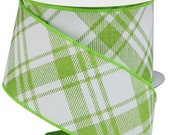Lime Green White Plaid Wired Ribbon By the Roll 2.5 quot Canvas Diagonal Fall Halloween Spring Easter Wreath Bow Craft Supplies 10 YARD ROLL
