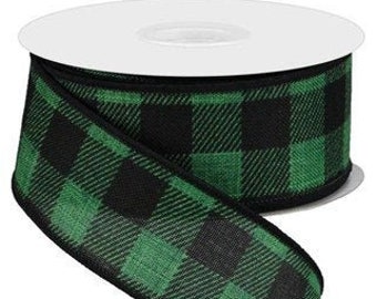 Black Emerald Green Fuzzy Check Plaid Wired Ribbon By the Roll 2.5 x 10 YARD ROLL