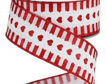 Lavender White Valentine Ribbon Red RGA163413 Wired 1.5 X 10 YD Hearts With Stripe Border