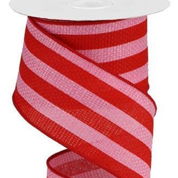 Red Pink Striped Valentine's Day Wired Ribbon By the Roll 2.5" Cross Royal Burlap 10 YARD ROLL