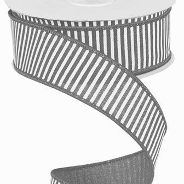 Grey White Stripe  Wired Ribbon By the Roll 1.5" x 10 Yards RG178010