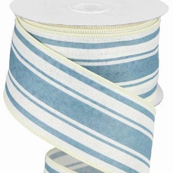 Farmhouse Stripe Canvas Ribbon 2.5" X 10 Yards - Wired Edge Decor Ribbon In Ivory & Blue