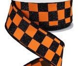 Orange Black Glitter Check Wired Ribbon By the Roll 1.5 quot x 10 YARD ROLL