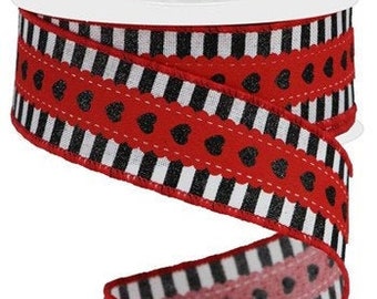 Lavender White Valentine Ribbon Red RGA163413 Wired 1.5 X 10 YD Hearts With Stripe Border