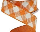 Orange Ivory Buffalo Plaid Wired Ribbon By the Roll 1.5 quot Canvas Diagonal Check Wreath Bow Craft Supplies 10 YARD ROLL