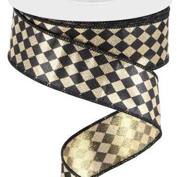 Small Harlequin Black Gold Metallic Wired Ribbon By the Roll 1.5" X 10 YARD ROLL RGC173708