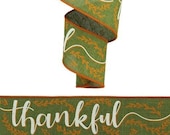 Thankful Fall Wired Ribbon By the Roll for Wreaths or Bows 2.5 quot Canvas Moss Green Orange Ivory 10 YARD ROLL