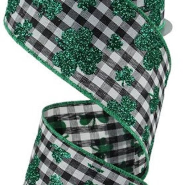 Glitter Shamrocks on Check  Wired Ribbon By the Roll 2.5" x 10 Yards RGE1126