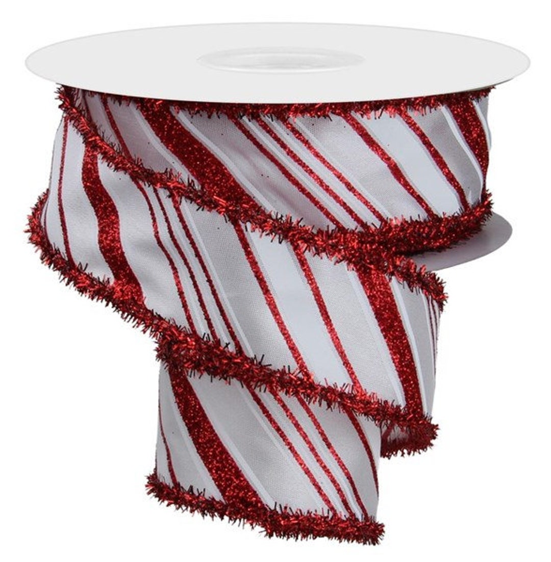 Christmas Candy Cane Stripe Wired Ribbon by the Roll 1.5 X 10 Yards
