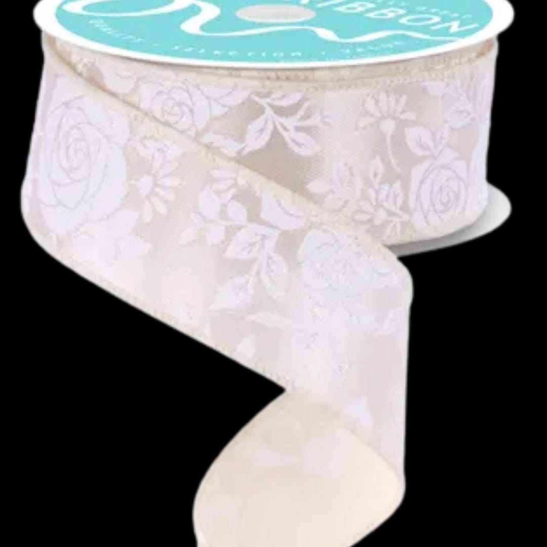 Ivory White Ribbon Valentine's Ribbon Ivory White Floral Wired Ribbon by the Roll 1.5