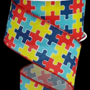 Autism Awareness Puzzle Piece Wired Ribbon By the Roll 2.5&quot; X 10 YARD ROLL RGA1523W5