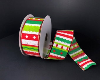 Lime Green Christmas Stripe  Wired Ribbon By the Roll 1.5" x 10 Yards 71004-09-01