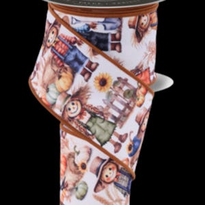 May include: A roll of decorative ribbon featuring a repeating pattern of smiling scarecrows, pumpkins, sunflowers, and a wooden fence on a white background. The ribbon has a brown border and is ideal for fall-themed crafts and decorations.