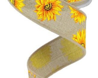 Sunflowers Tan Beige Yellow  Wired Ribbon By the Roll 1.5&quot; x 10 Yards RG01872CJ