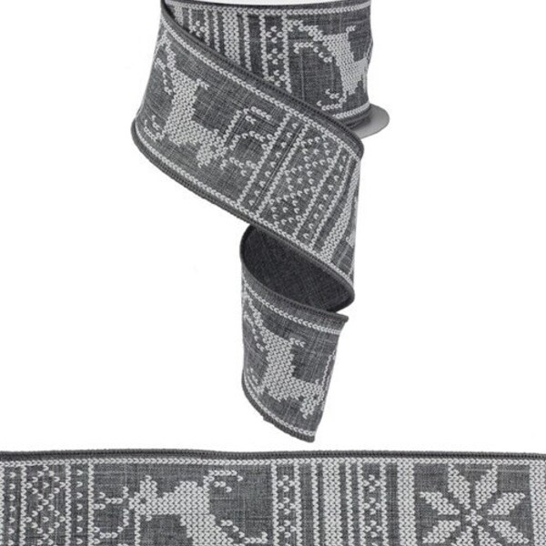 Nordic Christmas Wired Ribbon By the Roll 2.5" Grey Canvas Cross Stitch Snowflake Reindeer Christmas Wreath Supply 10 Yard Roll