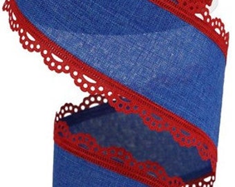 Patriotic Lace Edge  Wired Ribbon By the Roll 2.5" x 10 Yards RGA1542T2