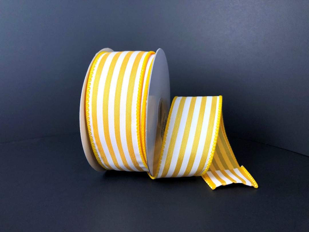 Yellow White Cabana Stripe Wired Ribbon by the Roll 1.5