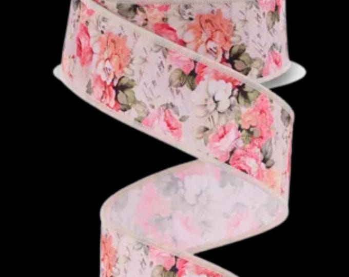 Pink Floral Vintage Roses Wired Ribbon by the Roll 1.5