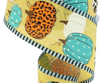 Leopard Pumpkins Striped Edge  Wired Ribbon By the Roll 2.5" x 10 Yards RGA8051DP