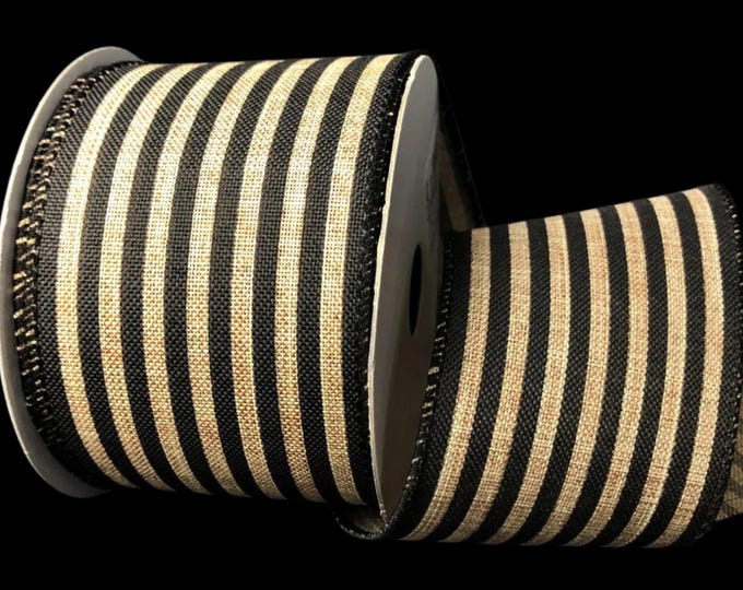 Tan Striped Ribbon Black and Tan Cabana Stripe Wired Ribbon by the Roll 2.5