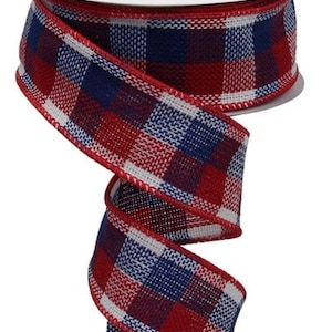 Patriotic Red White Blue Woven Plaid  Wired Ribbon By the Roll 1.5" x 10 Yards RGA1924A1