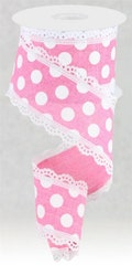 Pink White Lace Trim Polka Dot Wired Ribbon By the Roll 2.5" X 10 Yards RGA8564WT