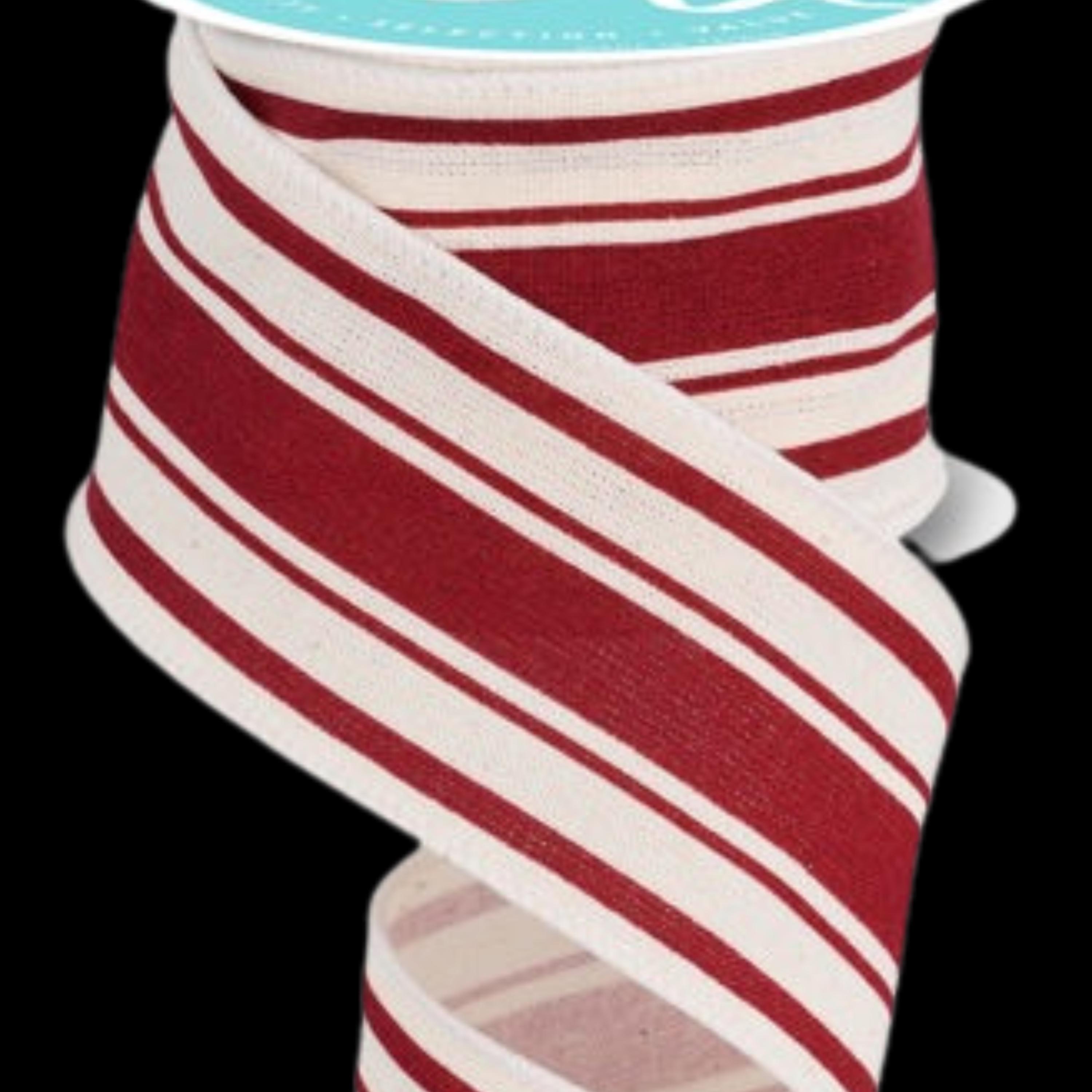 Farmhouse Burgundy Ivory Ticking Stripe On Cotton Wired Ribbon By the Roll 2.5" X 10 YARD ROLL RGF122305
