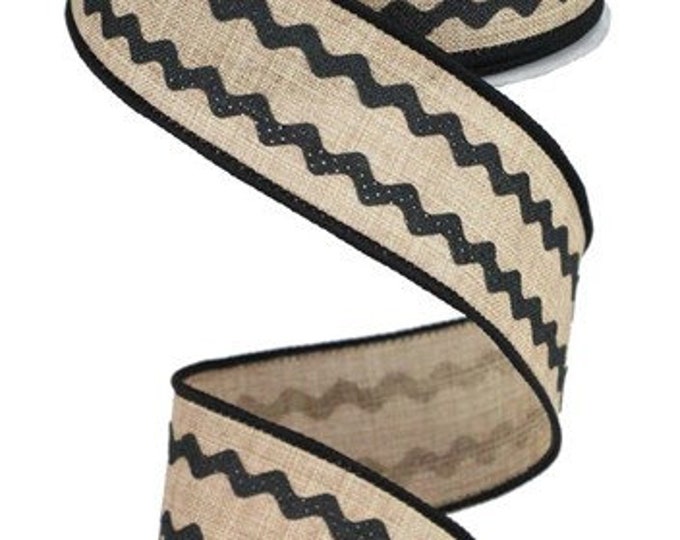 Black Beige Ric Rac Wired Ribbon by the Roll 1.5