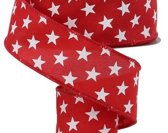 Red White Patriotic Star  Wired Ribbon By the Roll 1.5" x 10 Yards RGE111424