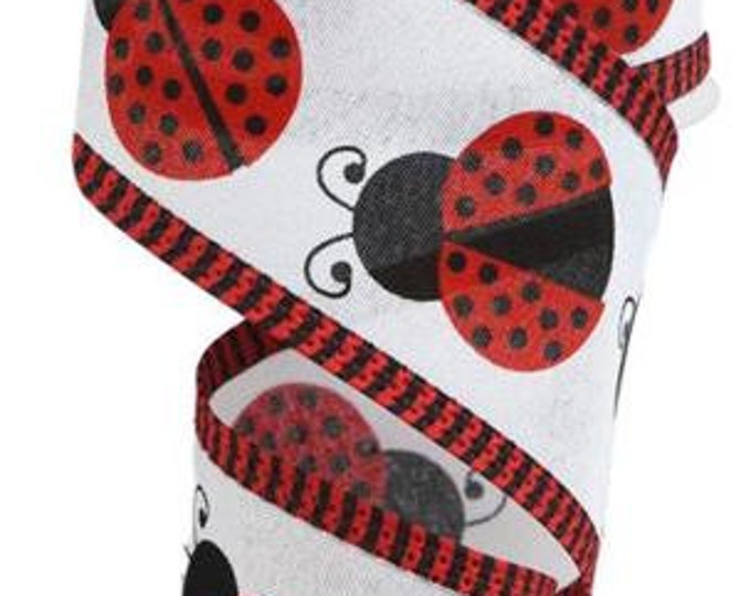 Ladybug With Stripe Edge Wired Ribbon by the Roll 2.5