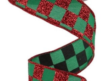 Christmas Glitter Check  Wired Ribbon By the Roll 1.5" x 10 Yards RGC18004N