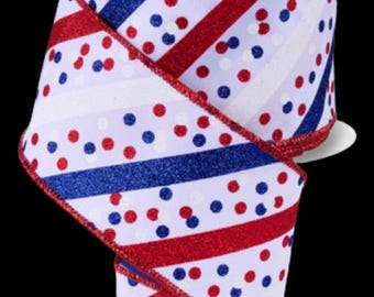 Patriotic Confetti Glitter Stripes  Wired Ribbon By the Roll 2.5" x 10 Yards RGF199627