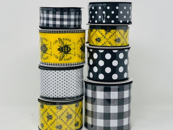 Wired Ribbon * Classic Honey Bee w/Gingham Trim * Dk.Yellow, White and  Black Canvas * 2.5 x 10 Yards * RGC8066NC