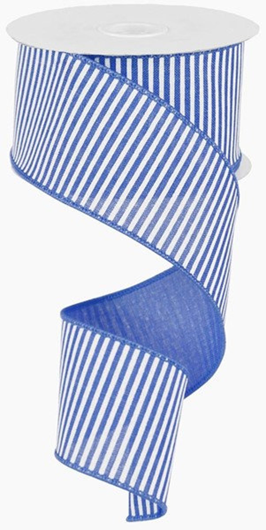 Blue White Stripe Wired Ribbon by the Roll 2.5