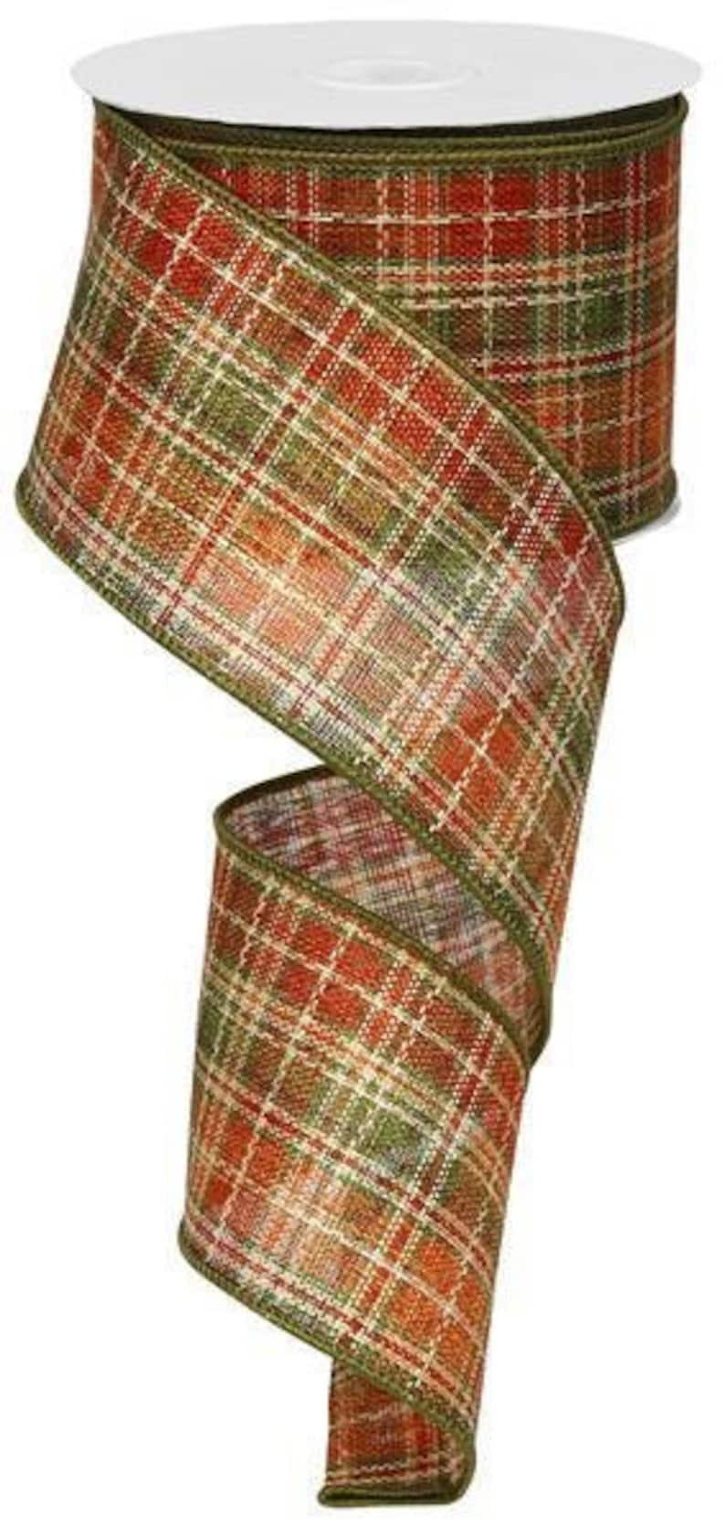 Orange Green Fall Plaid Wired Ribbon By the Roll for Wreaths or Bows 2.5x10 YARD ROLL RG01091
